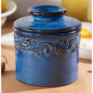 Original Butter Bell Crock Denim Blue Reactive Glaze Floral Scroll Farmhouse